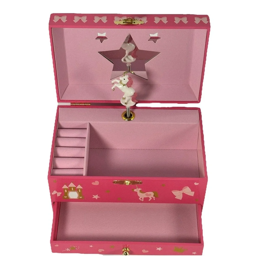 Princess Unicorn Musical Jewelry Box Pink Ballerina Mirror Drawer Girls